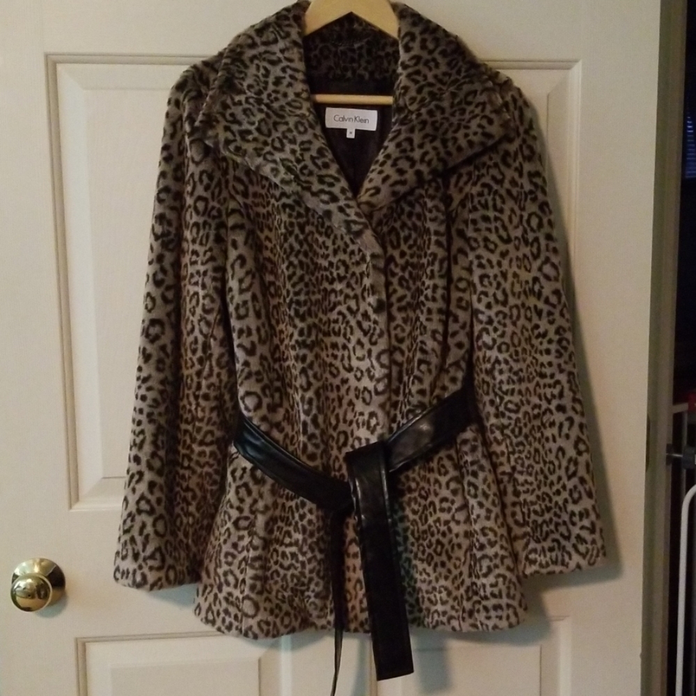 Calvin Klein Faux Fur Coat with belt accent